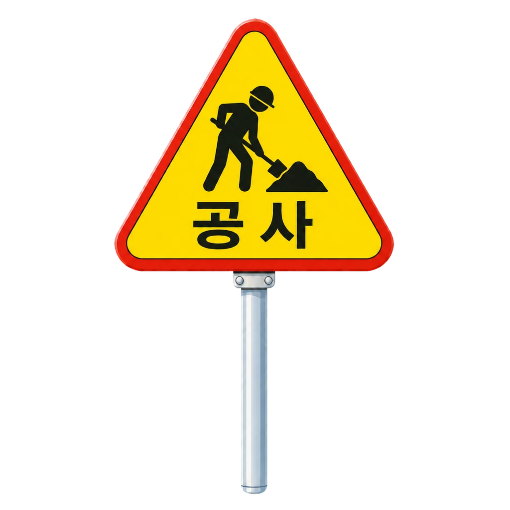 삽을 든 공사 인부 그림과 공사 문구가 새겨진 노란 삼각형 도로 표지판